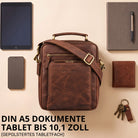 Kleine Leder-Umhängetasche zamora braun, Hochformat, gepolstertes Tabletfach bis 10,1 Zoll, Platz für DIN A5, sichtbare STILORD-Prägung