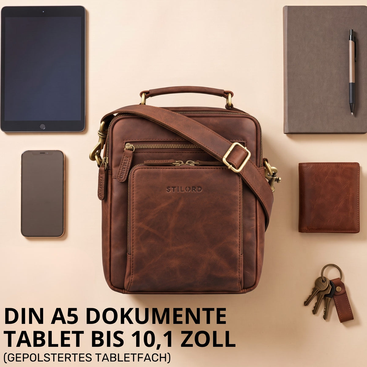 Kleine Leder-Umhängetasche zamora braun, Hochformat, gepolstertes Tabletfach bis 10,1 Zoll, Platz für DIN A5, sichtbare STILORD-Prägung