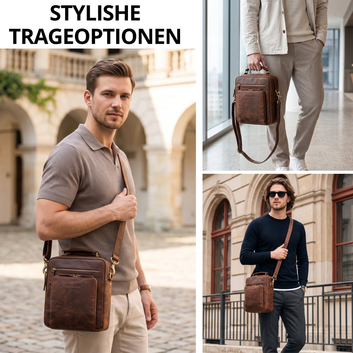 Kleine Umhängetasche aus braunem Leder mit Henkel, gezeigt getragen als Schultertasche und in der Hand