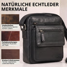 Flache Herren-Umhängetasche aus schwarzem Rindsleder, Fronttaschen mit Reißverschluss, Prägung sichtbar, 8-Zoll-Tabletformat