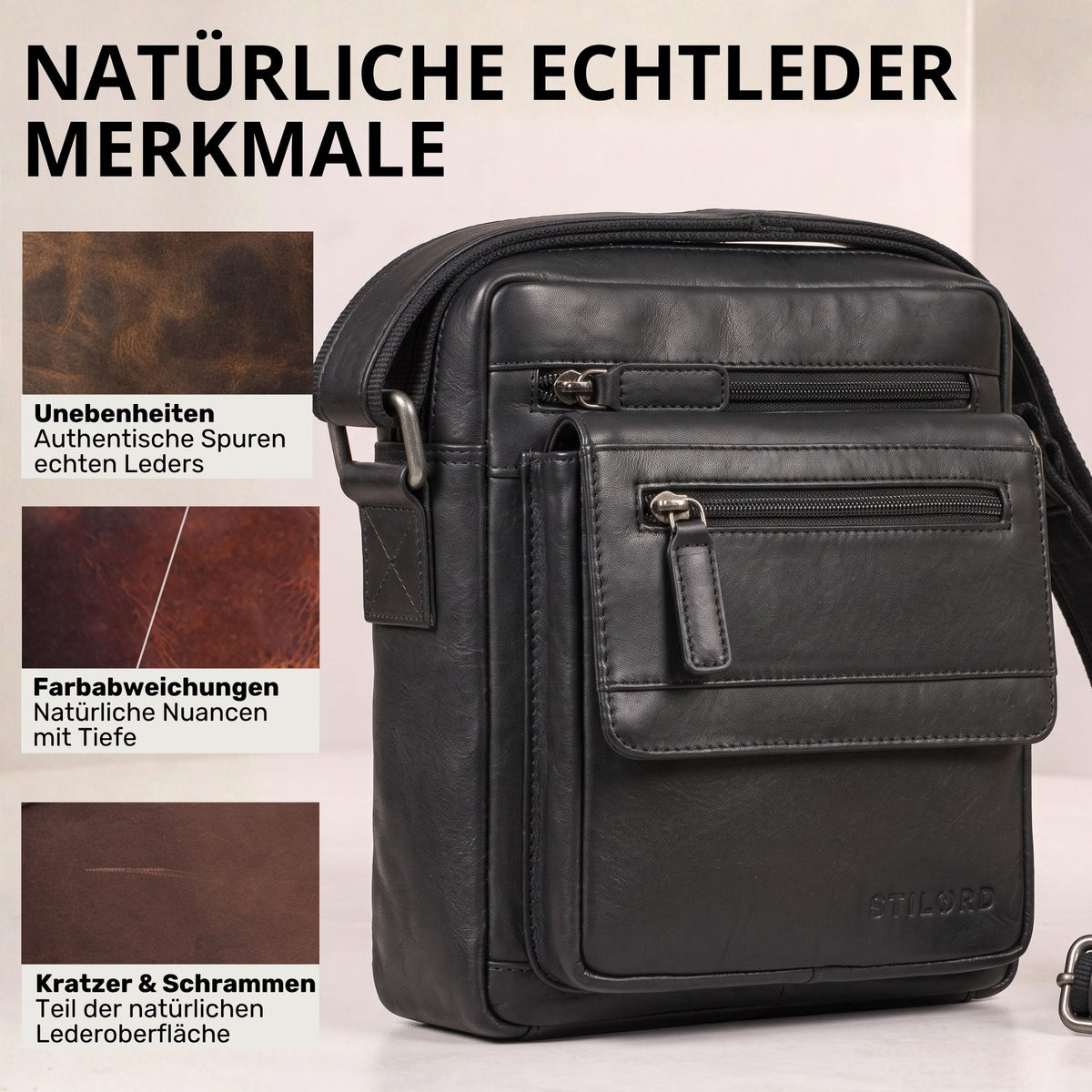 Flache Herren-Umhängetasche aus schwarzem Rindsleder, Fronttaschen mit Reißverschluss, Prägung sichtbar, 8-Zoll-Tabletformat