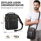 Kleine schwarze Leder-Umhängetasche mit Henkel und verstellbarem Gurt, passt 10,1 Zoll Tablet und A5, Vorderansicht mit Modell