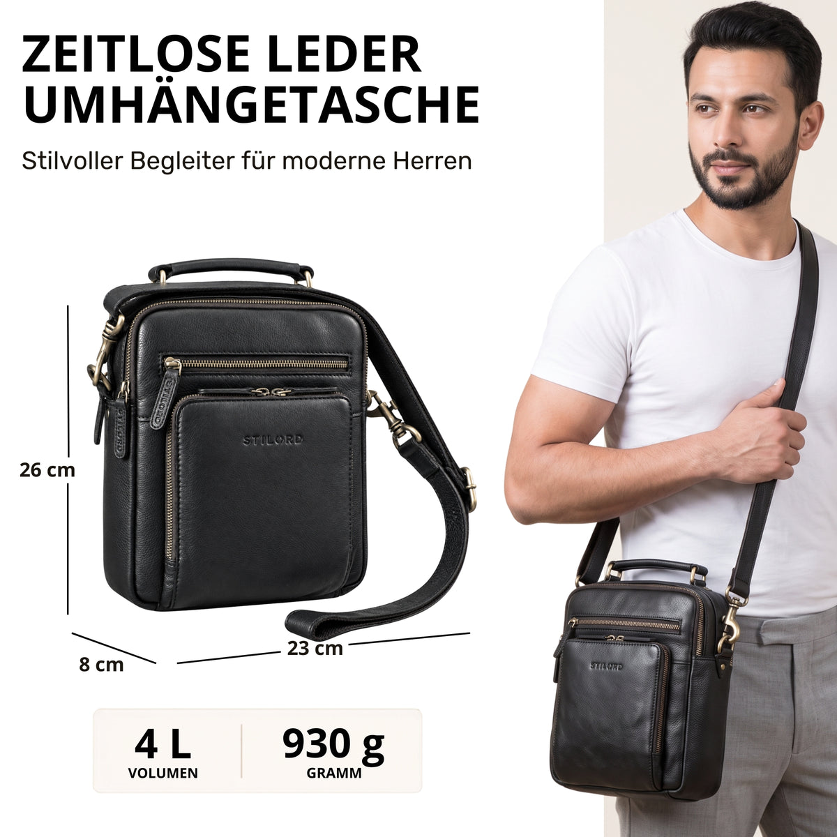 Kleine schwarze Leder-Umhängetasche mit Henkel und verstellbarem Gurt, passt 10,1 Zoll Tablet und A5, Vorderansicht mit Modell