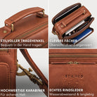 Kleine Umhängetasche aus Rindsleder, maraska-braun; Nahaufnahmen von Henkel, Innenfächern mit Tablet, Karabiner und geprägtem STILORD-Logo mit Wasserperlen