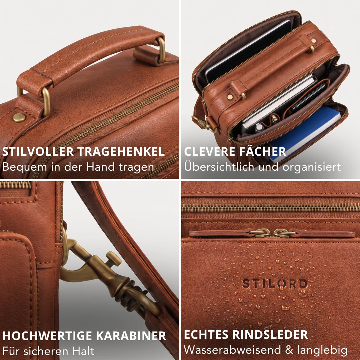 Kleine Umhängetasche aus Rindsleder, maraska-braun; Nahaufnahmen von Henkel, Innenfächern mit Tablet, Karabiner und geprägtem STILORD-Logo mit Wasserperlen