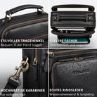 Schwarze Leder-Umhängetasche mit Henkel, Tabletfach 10,1 Zoll und A5, Fächer, Karabiner, STILORD-Prägung, wasserabweisend