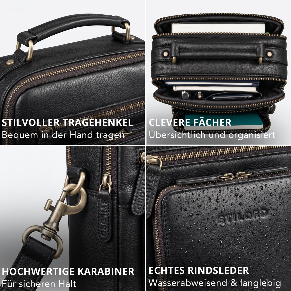 Schwarze Leder-Umhängetasche mit Henkel, Tabletfach 10,1 Zoll und A5, Fächer, Karabiner, STILORD-Prägung, wasserabweisend