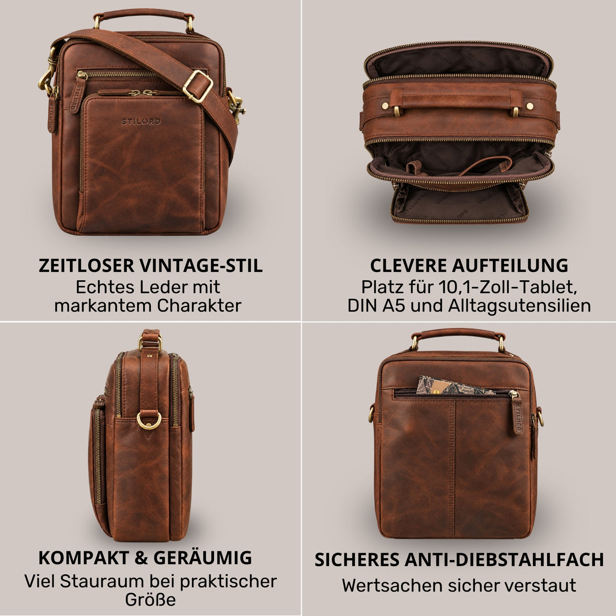 Kleine Umhängetasche aus echtem Leder in zamora-braun, Frontansicht mit geprägtem STILORD-Logo, Platz für 10,1-Zoll-Tablet und A5