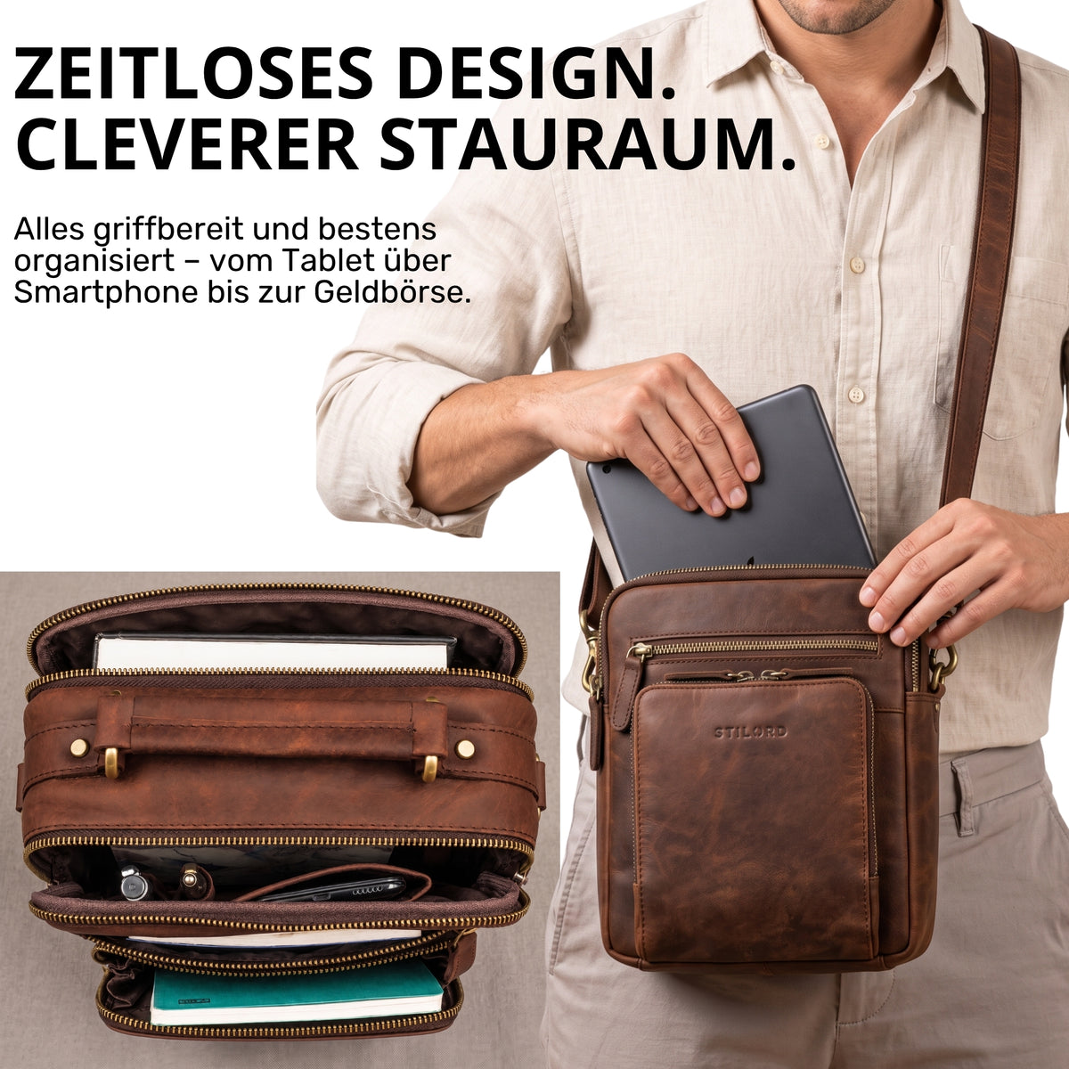Kleine Umhängetasche aus braunem Leder mit Tabletfach, Henkel und geprägtem STILORD-Logo, Vorderansicht mit Person