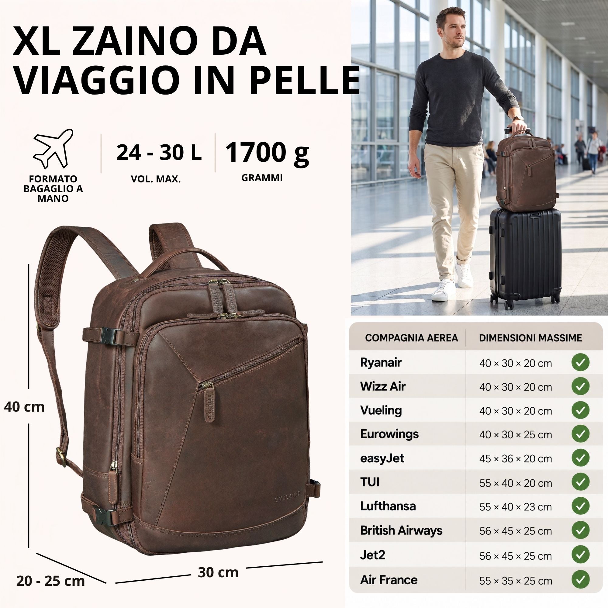 XL Reise-Rucksack aus braunem Leder, frontale Perspektive mit Reißverschlüssen; rechts Mann am Flughafen mit Rollkoffer