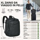 Schwarzer XL Reiserucksack aus Leder, Frontansicht mit Maßangaben; rechts Mann mit Trolley im Flughafen