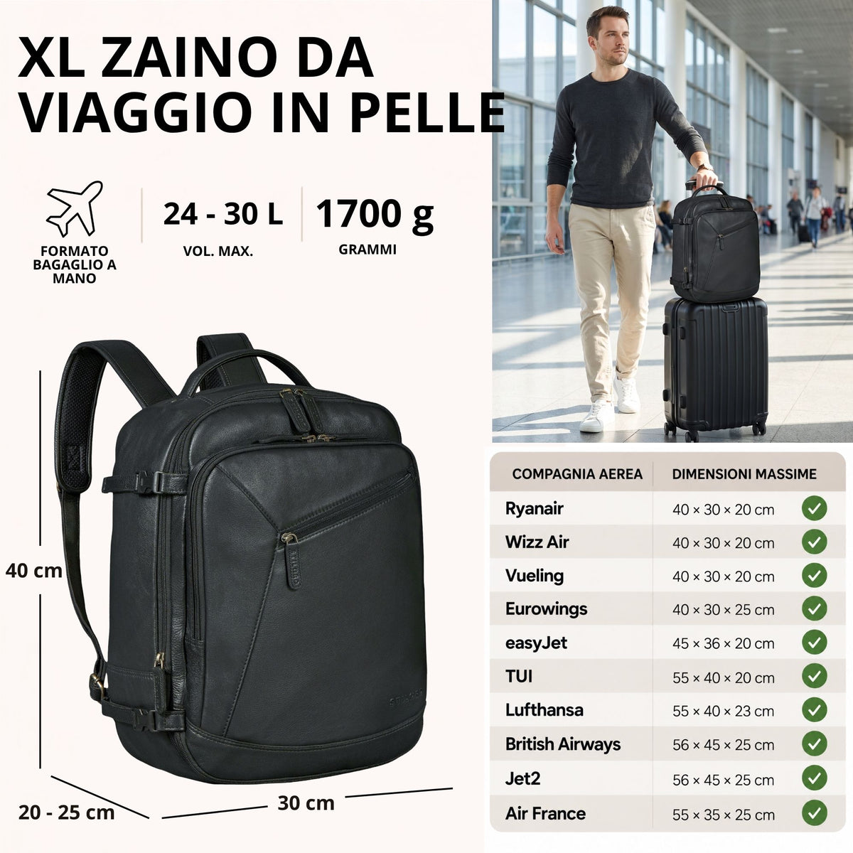 Schwarzer XL Reiserucksack aus Leder, Frontansicht mit Maßangaben; rechts Mann mit Trolley im Flughafen