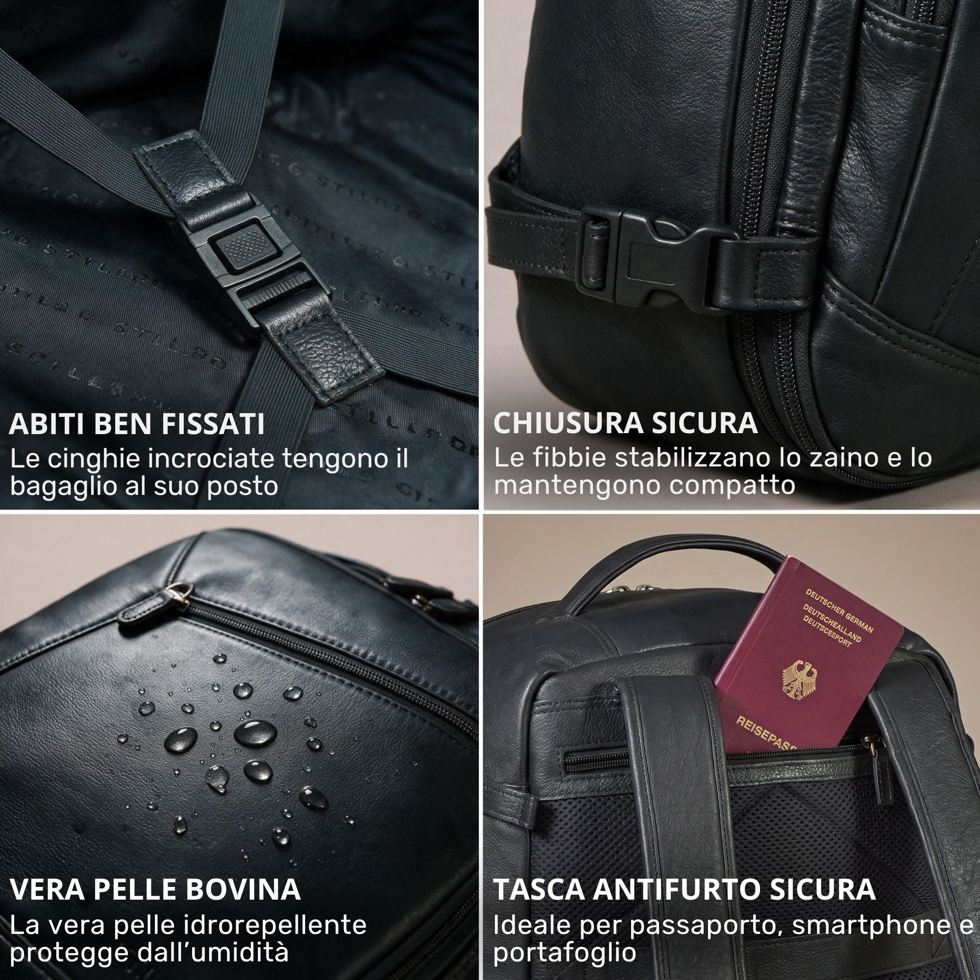 Schwarzer Leder-Reiserucksack, Collage: gekreuzte Innenriemen, seitliche Schnellverschlüsse, wasserabweisende Oberfläche mit Tropfen, versteckte Rückentasche mit Pass
