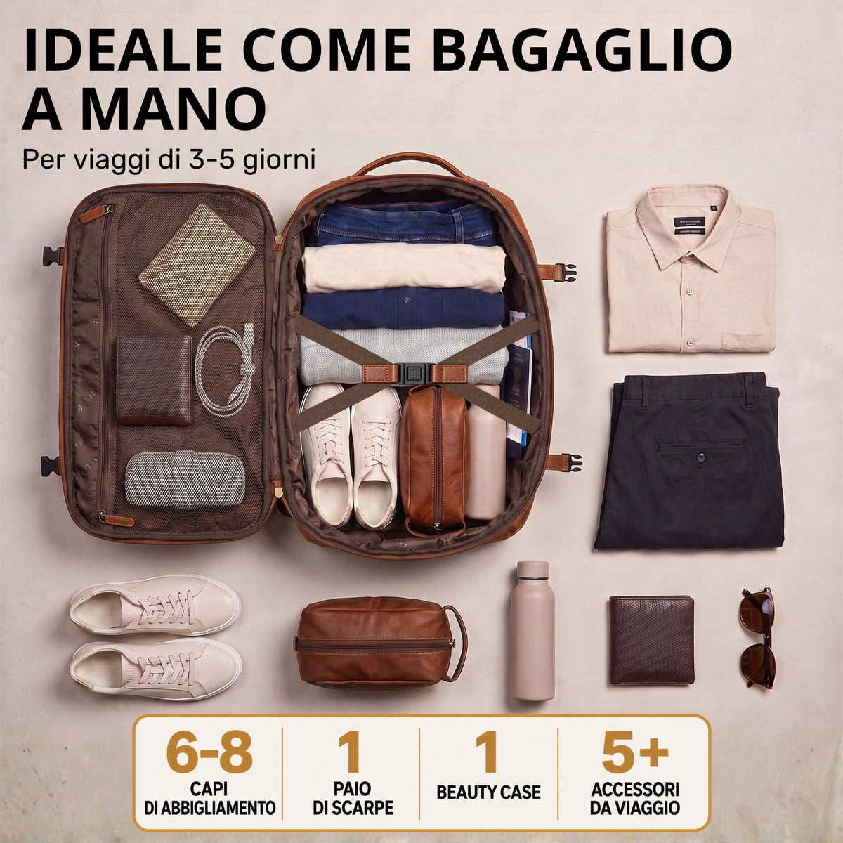 Offene cognacfarbene Leder-Reisetasche, Innenansicht mit gefalteter Kleidung, Schuhen, Kulturbeutel, Geldbörse und Sonnenbrille