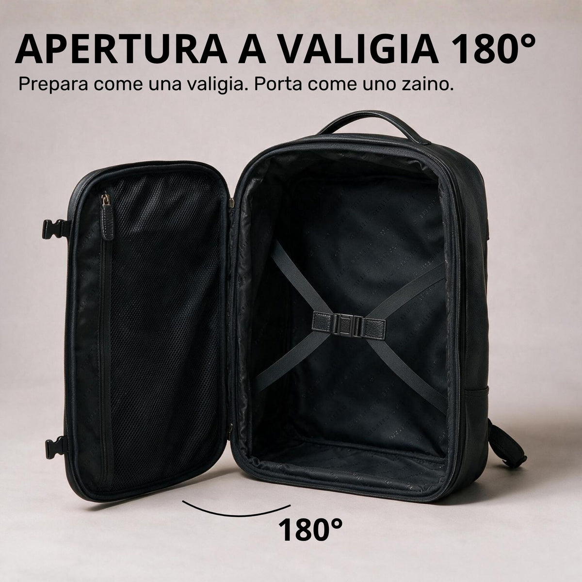 Schwarzer Leder-Reiserucksack offen, 180° Aufklappung, Innenfach mit Spanngurt und Reißverschlusstasche sichtbar
