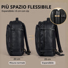 schwarzer Leder-Reiserucksack, Seitenansicht im Vergleich normal (20 cm) und erweitert (25 cm) mit Detail-Zipper
